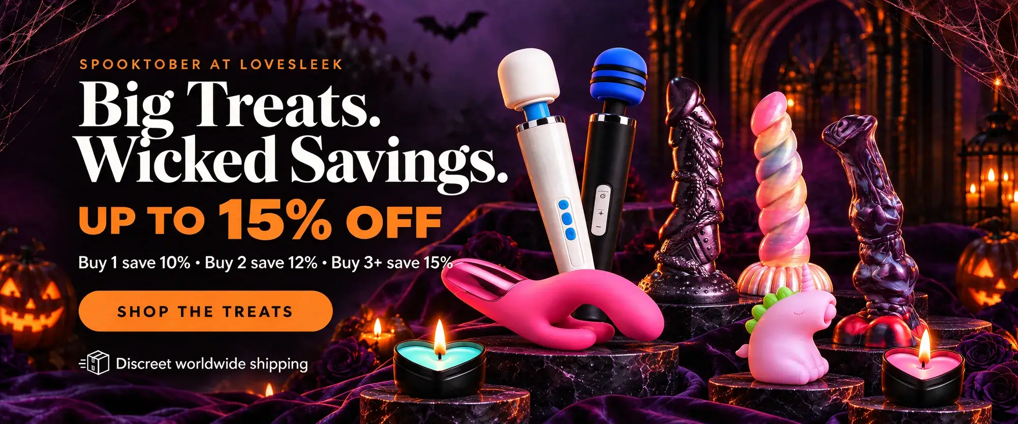 Spooktober at LoveSleek: Big Treats. Wicked Savings. Arriba a 15% apagado - buy 1 save 10%, buy 2 save 12%, buy 3+ save 15%