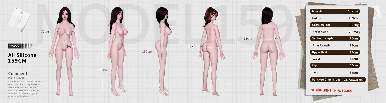 159cm/5ft3 D-Cup Lifelike Ebony Silicone Sex Doll Ella #066 size chart