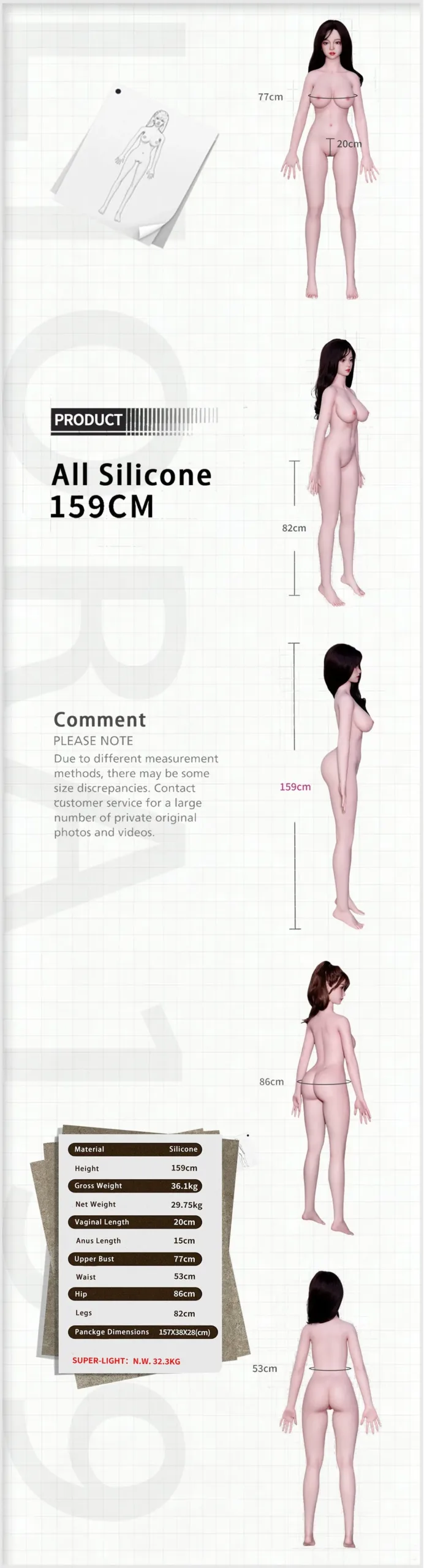 159cm/5ft3 D-Cup Lifelike Ebony Silicone Sex Doll Ella #066 size chart
