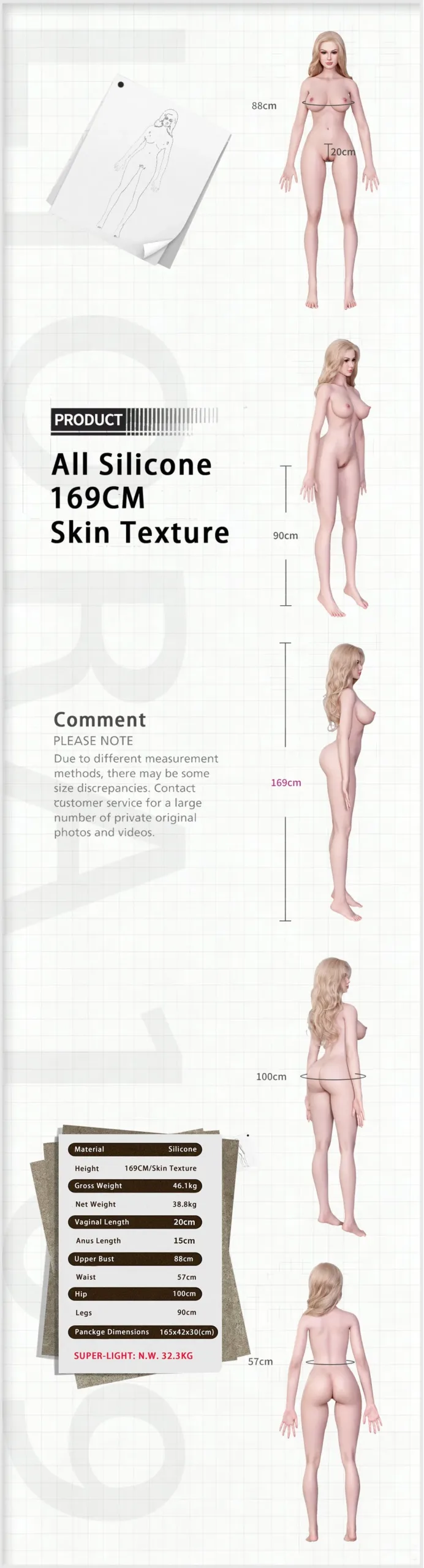 169cm/5ft7 D-Cup Real Skin Texture Full Silicone Sex Doll Carina #155 size chart