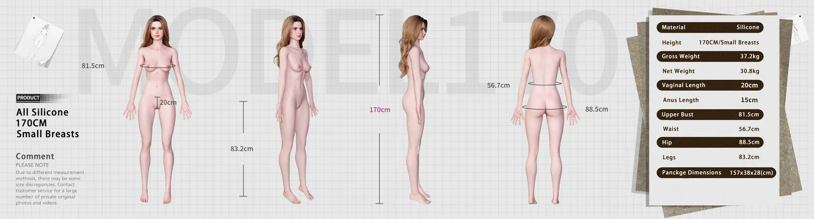170cm/5ft7 C-Cup Mature Realistic Skinny Full Silicone Sex Doll Penelope size chart
