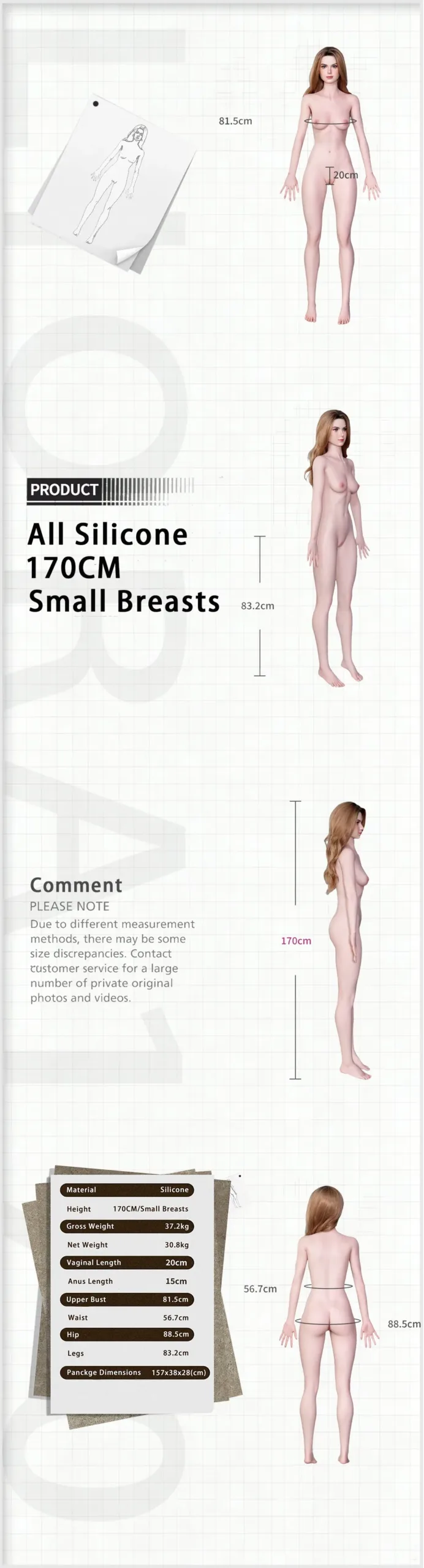 170cm/5ft7 C-Cup Mature Realistic Skinny Full Silicone Sex Doll Penelope size chart