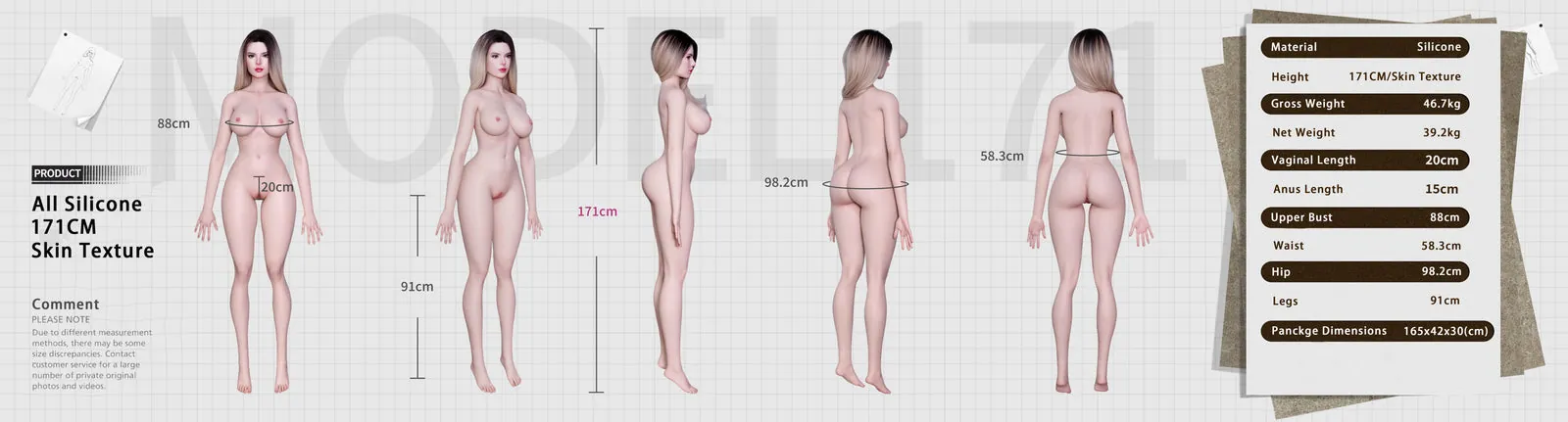 171cm/5ft6 E-Cup Real Skin Texture Full Silicone Sex Doll Concetta #076 size chart