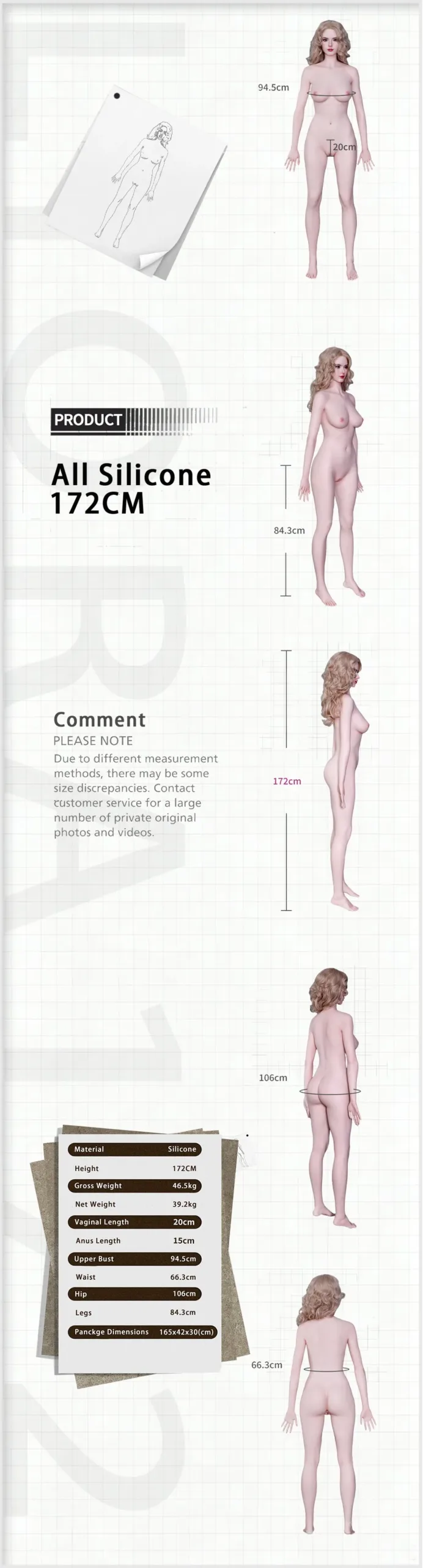 172cm/5ft8 H-Cup Realistic Tall Full Silicone Sex Doll Violette size chart