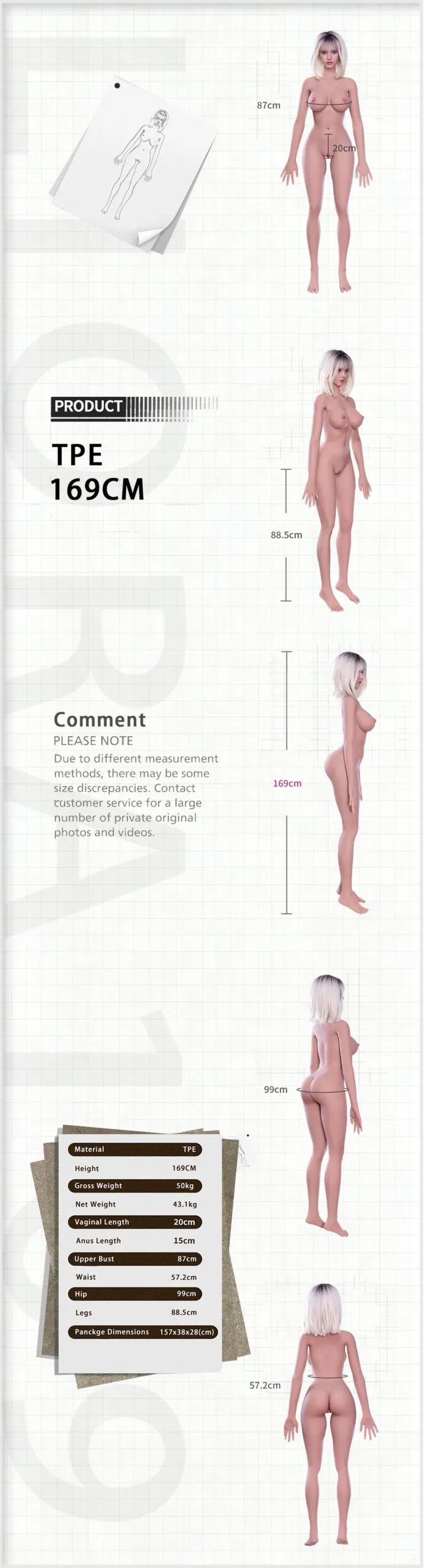 169cm/5ft7 European Blonde TPE Sex Doll Lucy #138 size chart